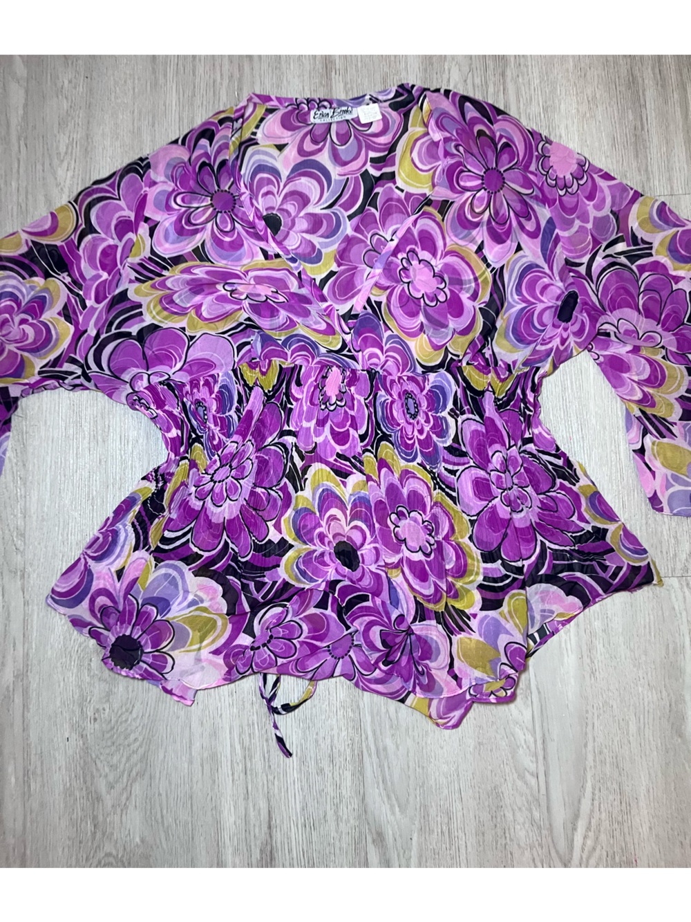 Vintage Erica Brooke Sheer Purple Floral Cinched Top 18